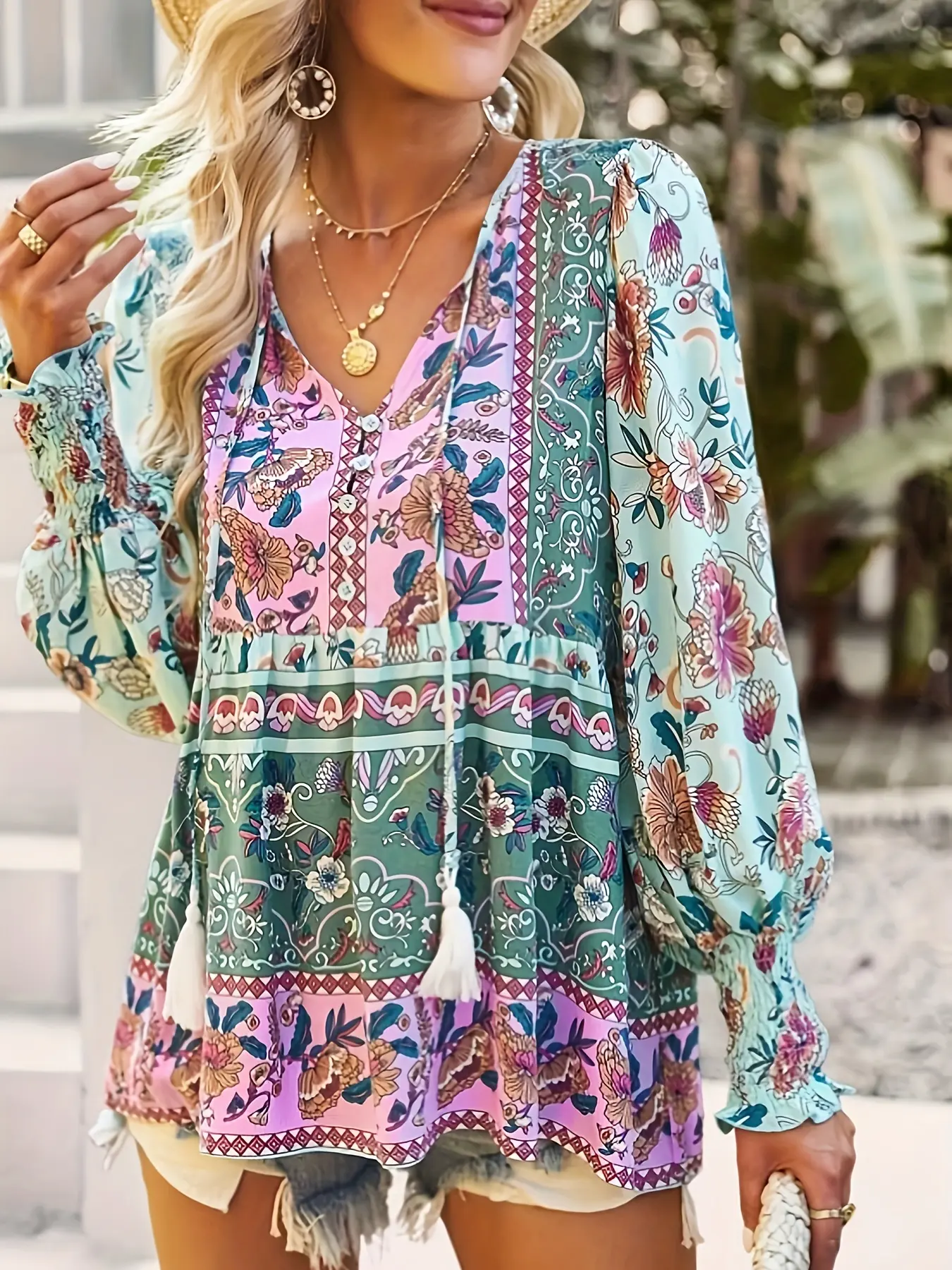 Women's Ditsy Floral Print V-Neck Tie Front Bell Sleeve Shirt Blouse Top, Oversize Loose-Fitting Holiday Style, Fall & Winter Fashion, Perfect for Vacation