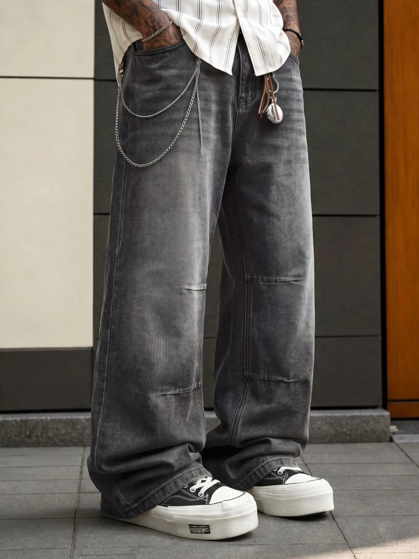 Men's Grey Washed Baggy Loose Wide-Leg Jeans, Vintage Distressed Street Style Casual Denim Pants, Suitable for Teenagers and Adult Men, All-Season Wear