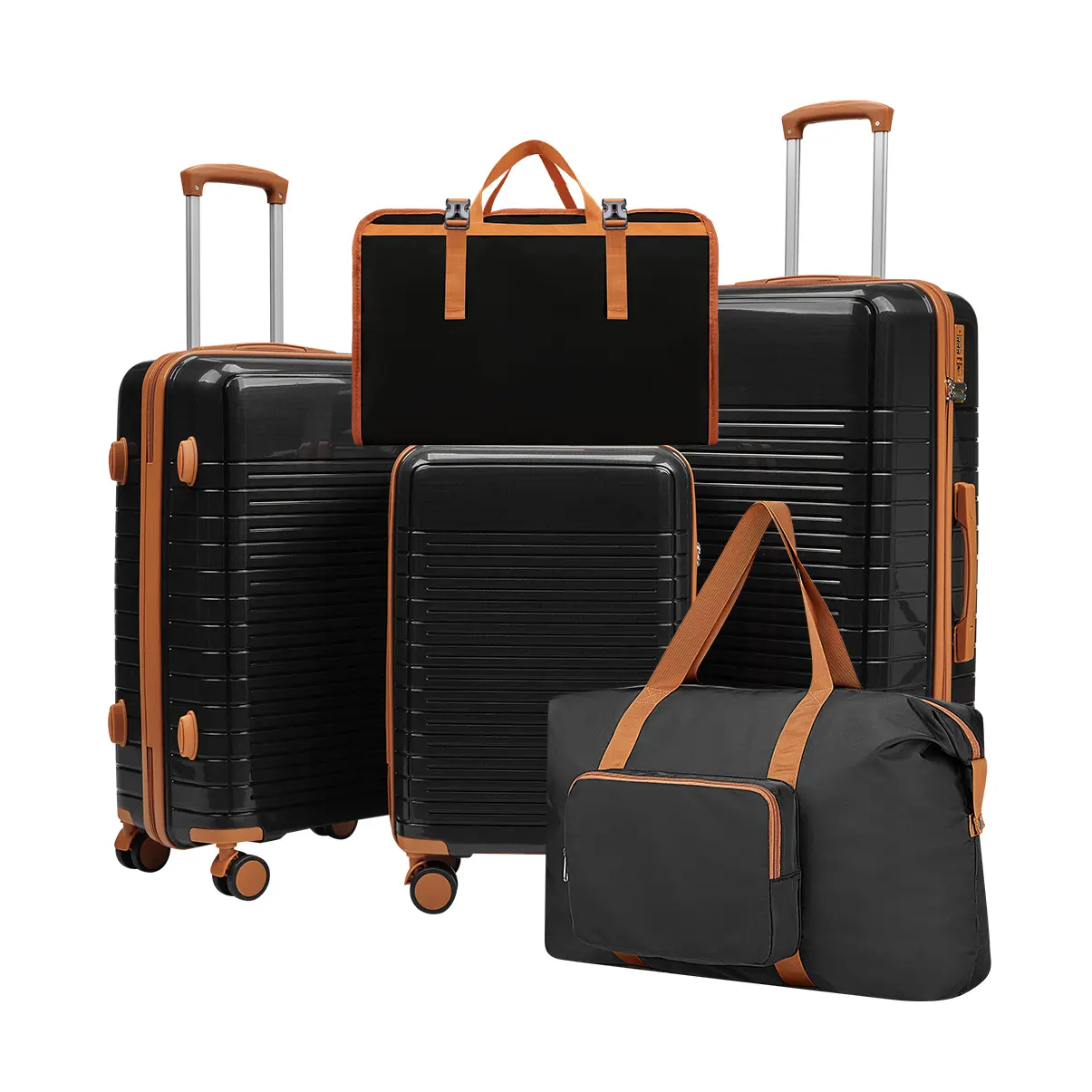 ARCH 5-Piece Hardside Luggage Set PP Spinner Suitcases with TSA Lock, 20/24/28-Inch Rolling Carry-On Travel Bags, Black+Brown, Includes Handbag & Toiletry Bag, Lightweight Durable Family Vacation Essentials, Black+Brown Color Options