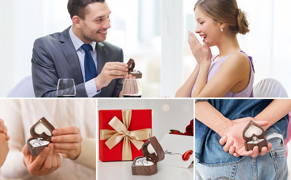 Wooden Heart Shape Ring Gift Box with Single Slot 2 Slot, Personalized Vintage Wood Jewelry Box for Proposal Engagement Wedding Ceremony Anniversary (White -2 Slot)