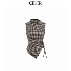 Cider Gingham Stand Collar Asymmetrical Hem Ruched Knotted Top SummerWins SummerFinds
