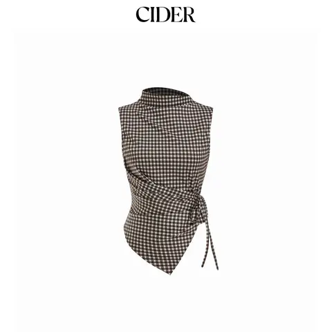 Cider Gingham Stand Collar Asymmetrical Hem Ruched Knotted Top