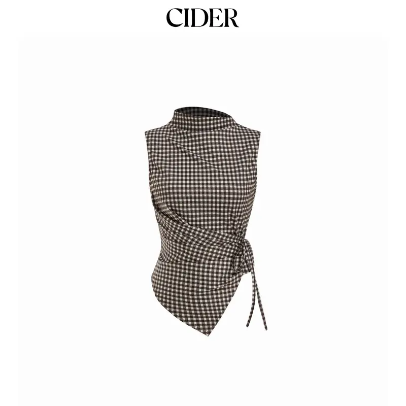 Cider Gingham Stand Collar Asymmetrical Hem Ruched Knotted Top