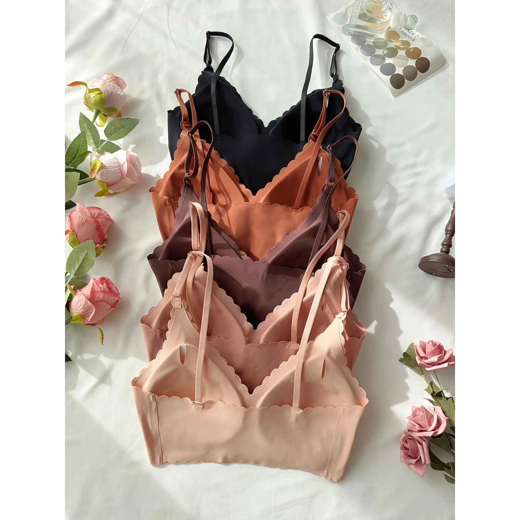 5-piece set, seamless nude bralette set, breathable knitted fabric, elegant solid color, removable chest pad without steel ring, moderate support, adult women's underwear, pajamas and loungewear.