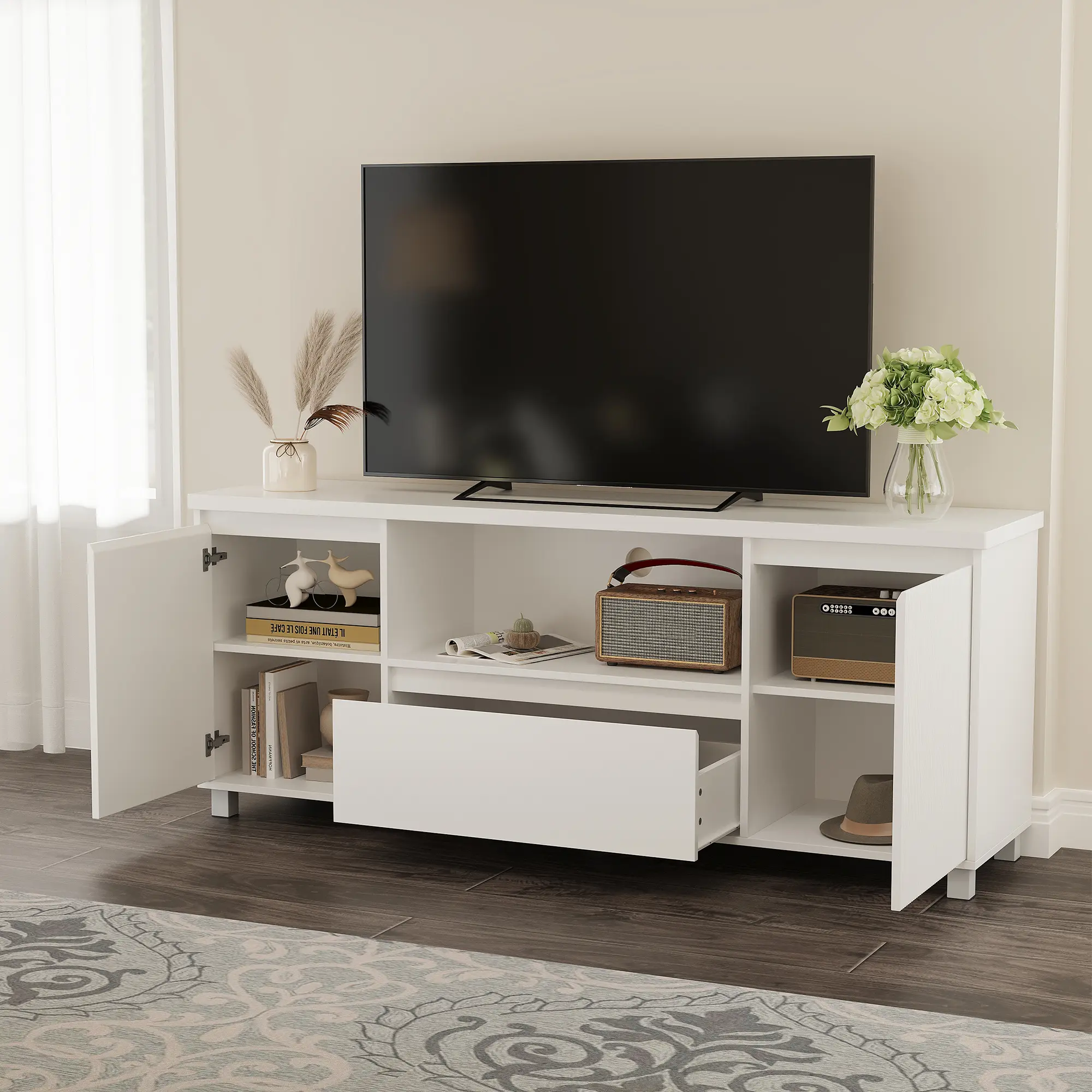 Stylish Fluted Wave TV Stand, Multifunctional Media Entertainment Center with Closed Cabinet & Open Shelves, Minimalist TV Console for Living Room and Bedroom