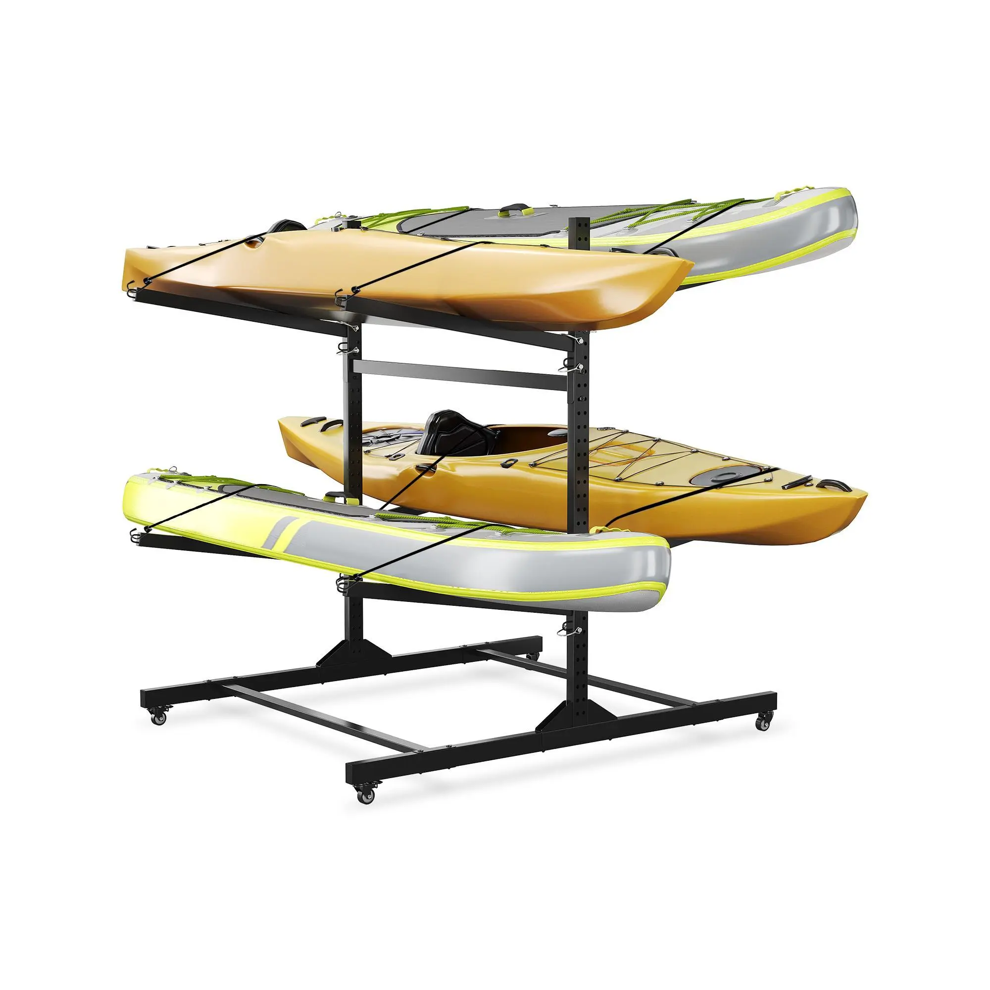 Heavy Duty Steel Frame Freestanding Movable Stand with Wheels, 4-Kayak Double-Sided Holder for Garage Dock, Hanging Straps Space-Saving Kayaking Watercraft Organizer for Indoor/Outdoor, Straight Arms