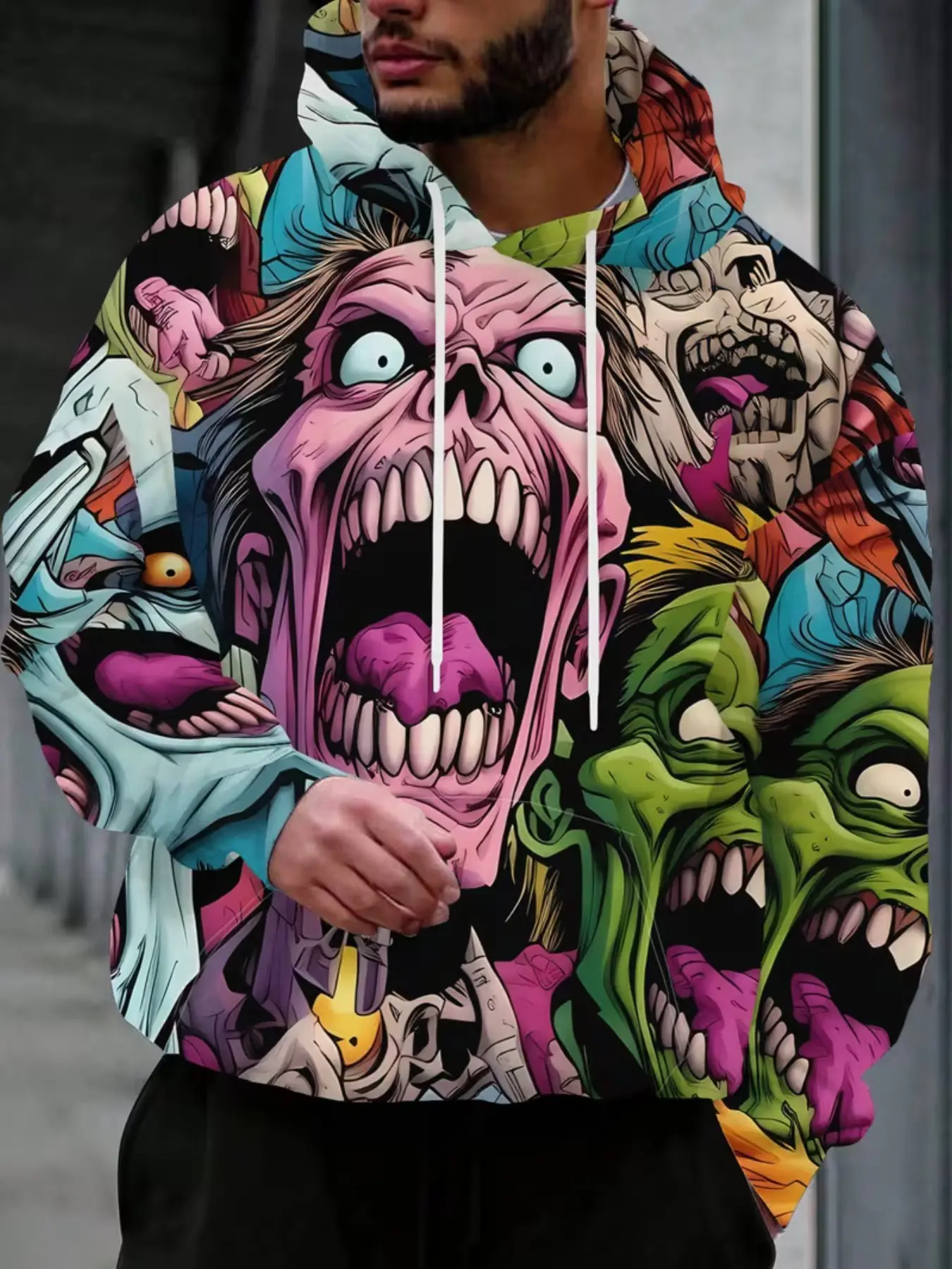 Men's Halloween Zombie Print Pullover Hoodie, Casual Long Sleeve Fitted Sweatshirt, Street Style Loose Fit, All Seasons Wear