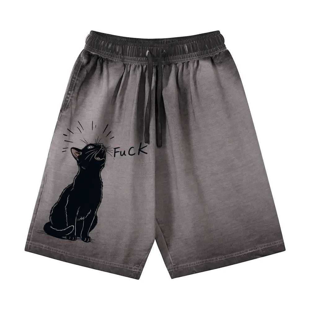 Vintage Sand Black Cat Meme Shorts Men | Funny Angry Screaming Cat Drawstring Sweat Shorts, Retro Gym Muscle Shorts, Humorous Streetwear Cargo Shorts