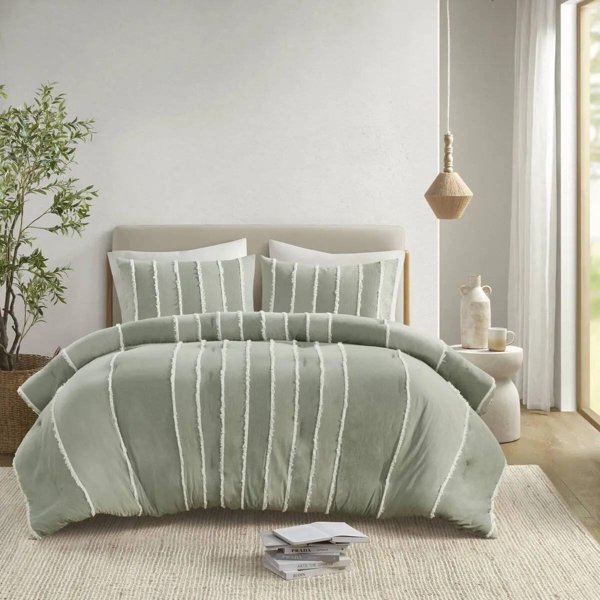 ARCH 3 Piece Striped Cotton Comforter Set Sage King/Cal King Size Soft Breathable Bedding with Matching Shams Reversible Design Lightweight All Season Home Bedroom Decor, Home Furniture and Household Product Search Terms for US Online Shopping