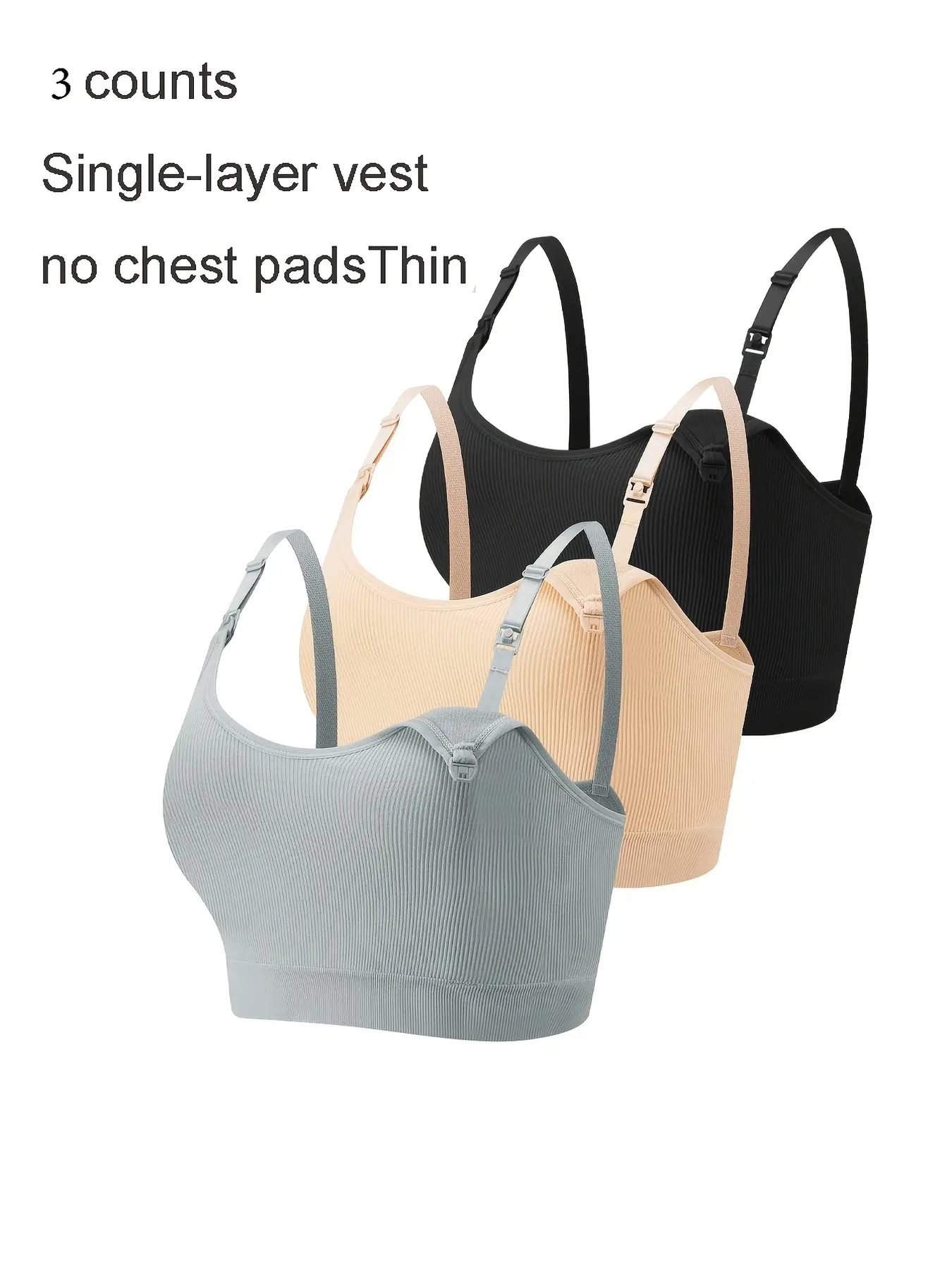 3-Piece Women's Breastfeeding Bra Ringless Threaded Single-Layer Breastless Vest, Adjustable Straps, Breathable Breastfeeding Bra, Clip-On Breastfeeding Bra, Comfortable Full-Cover Wireless Breastfeeding Bra