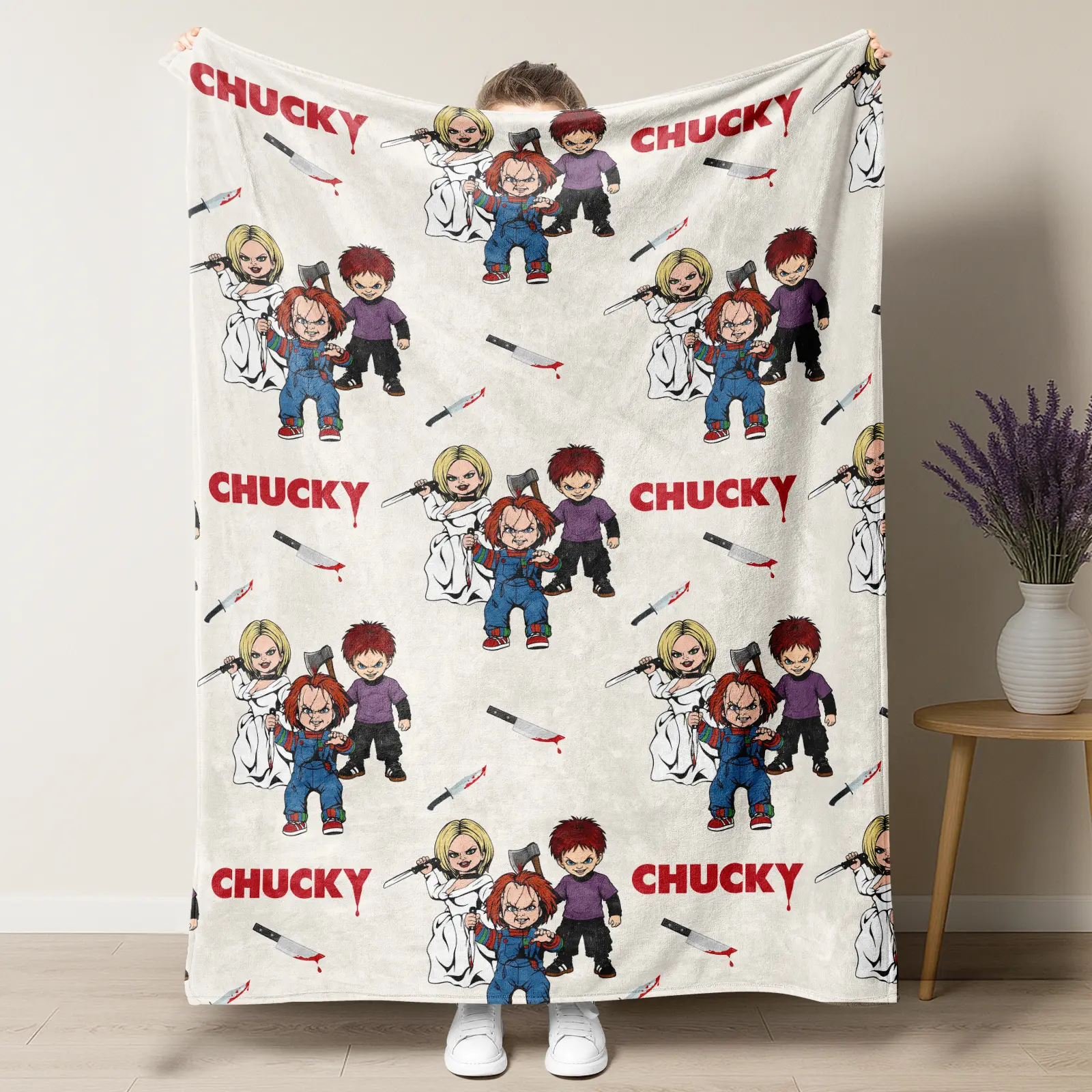 Chucky Family Horror Character Print Throw Blanket, Blood Knife Seamless Pattern Flannel Blanket, Spooky Halloween Cozy Blanket for Sofa Bedroom Decor
