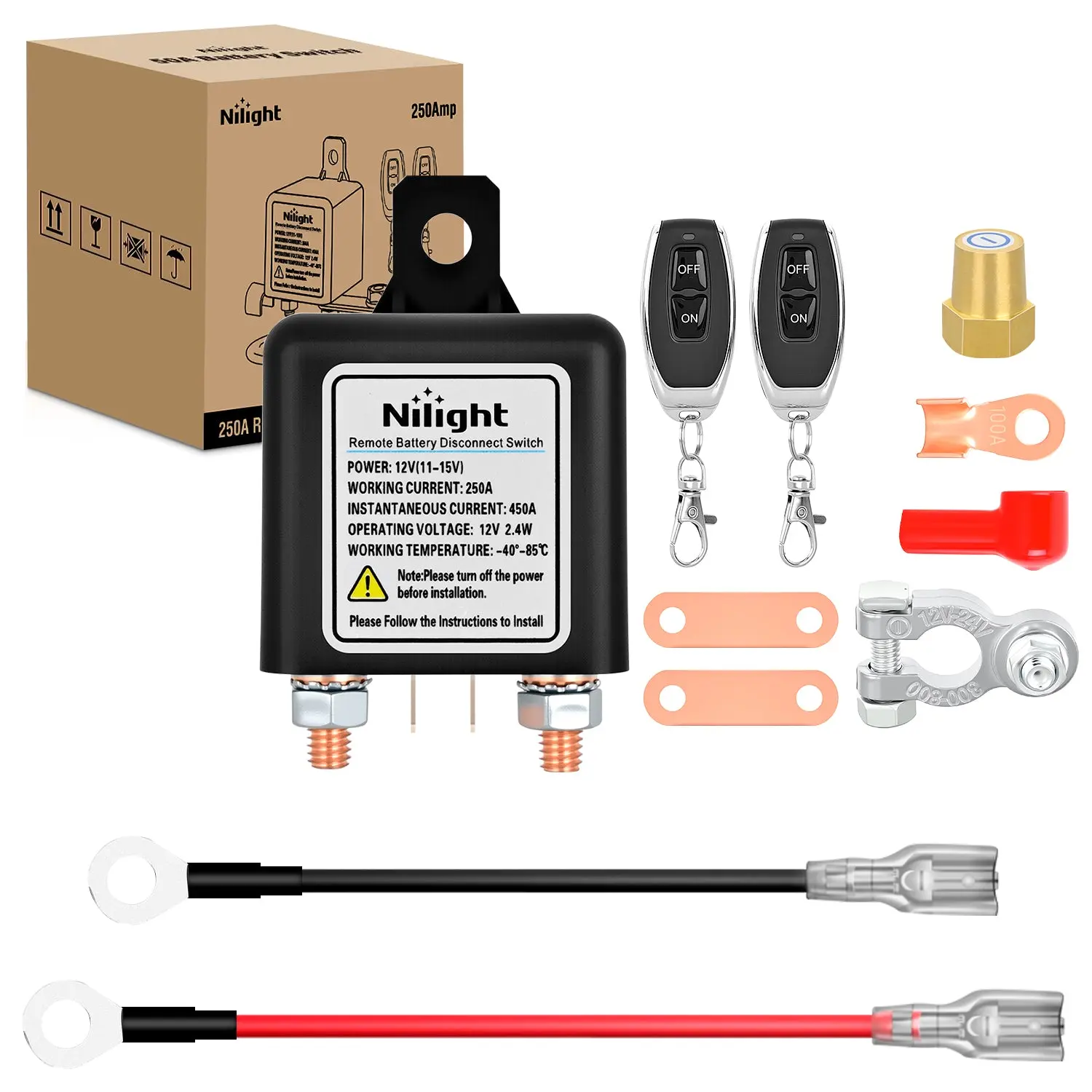 Nilight 12V 250A Remote Control Disconnect Switch - Anti-Theft Kill Switch, Power Drain Prevention, Wireless Remote Relay Fobs for Auto, Truck, RV, Kill Switch Battery Switches, Remote Control Disconnect Switch Battery Switches