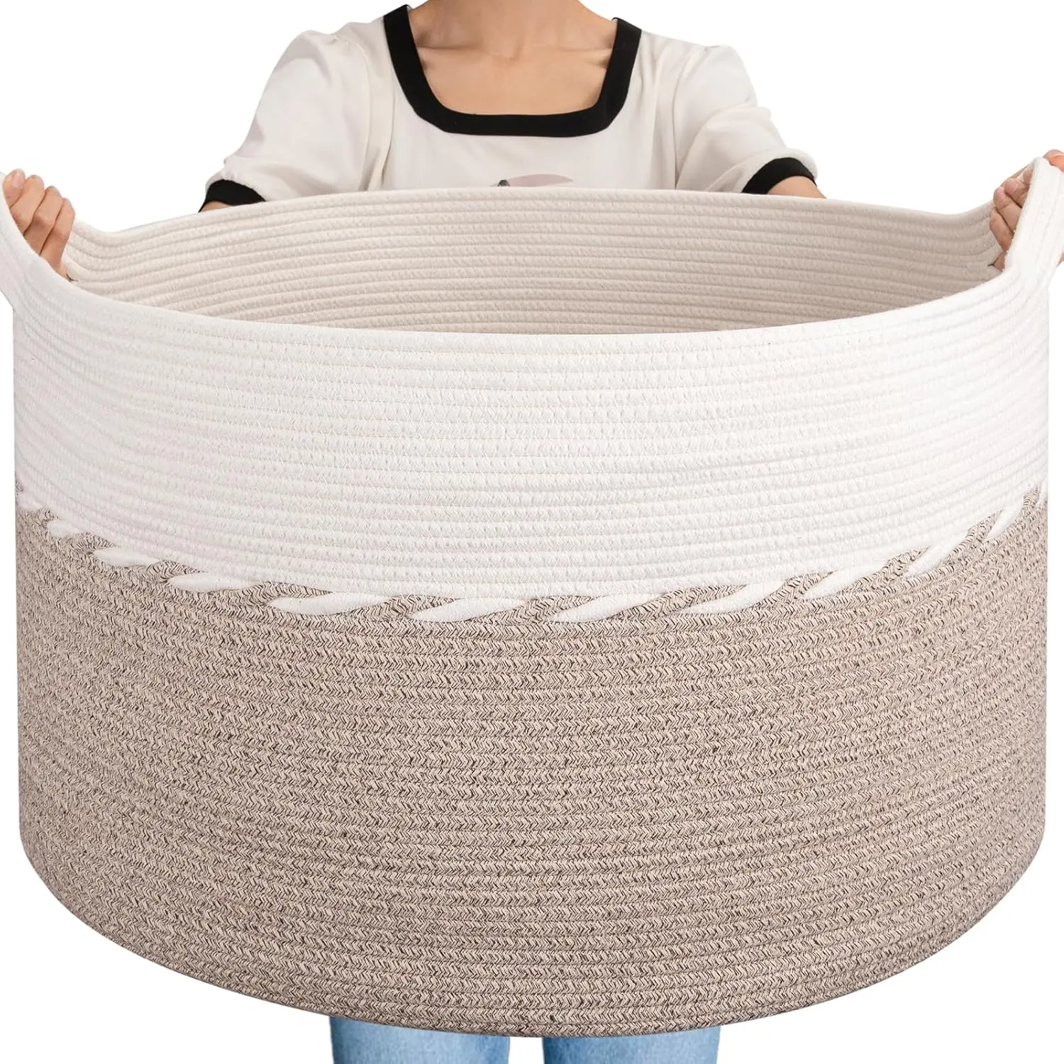 125L Extra Large Cotton Rope Blanket Basket - Jumbo Laundry Hamper with Handles, 25x16 Inches, Multi-Purpose Storage Bin for Living Room, Baby Toys, Brown