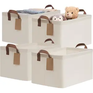 4 Pack Large Storage Baskets for Shelves, Collapsible Closet Organizer Bins with Metal Frame, Fabric Storage Bins for Clothes Towels Organization, 16.8" x 11" x 9.8", Beige