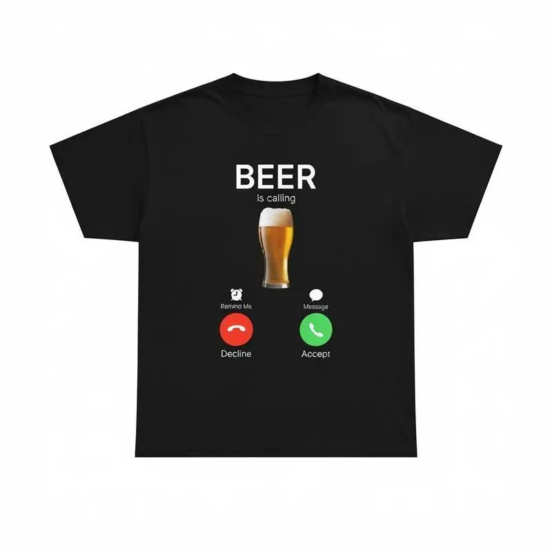 Men's Streetwear Tshirt featuring a "Beer Is Calling" Slogan Print, Relaxed Fit Short Sleeve Shirt, Cotton, Crew Neck, Tee, Basic, Round Neck, Graphic, Fashion, T-Shirt, Check Size Guide