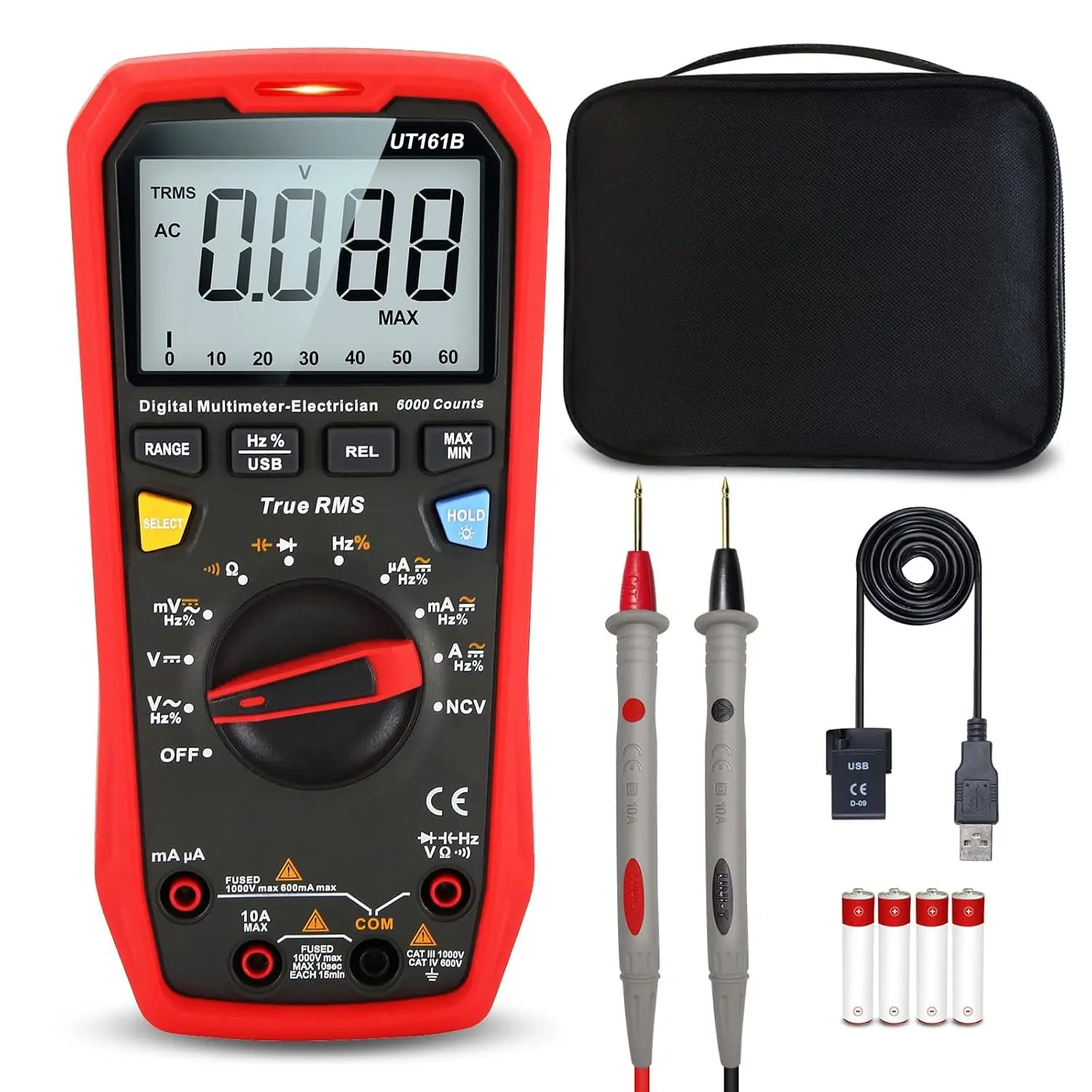 UT161B True RMS 6000 Counts Digital Multimeter Full Kit, 1000V NCV Electrical Measuring Tool, Measures Current, Resistance, Capacitance, Frequency, Duty Cycle, Tests Diodes, Transistors