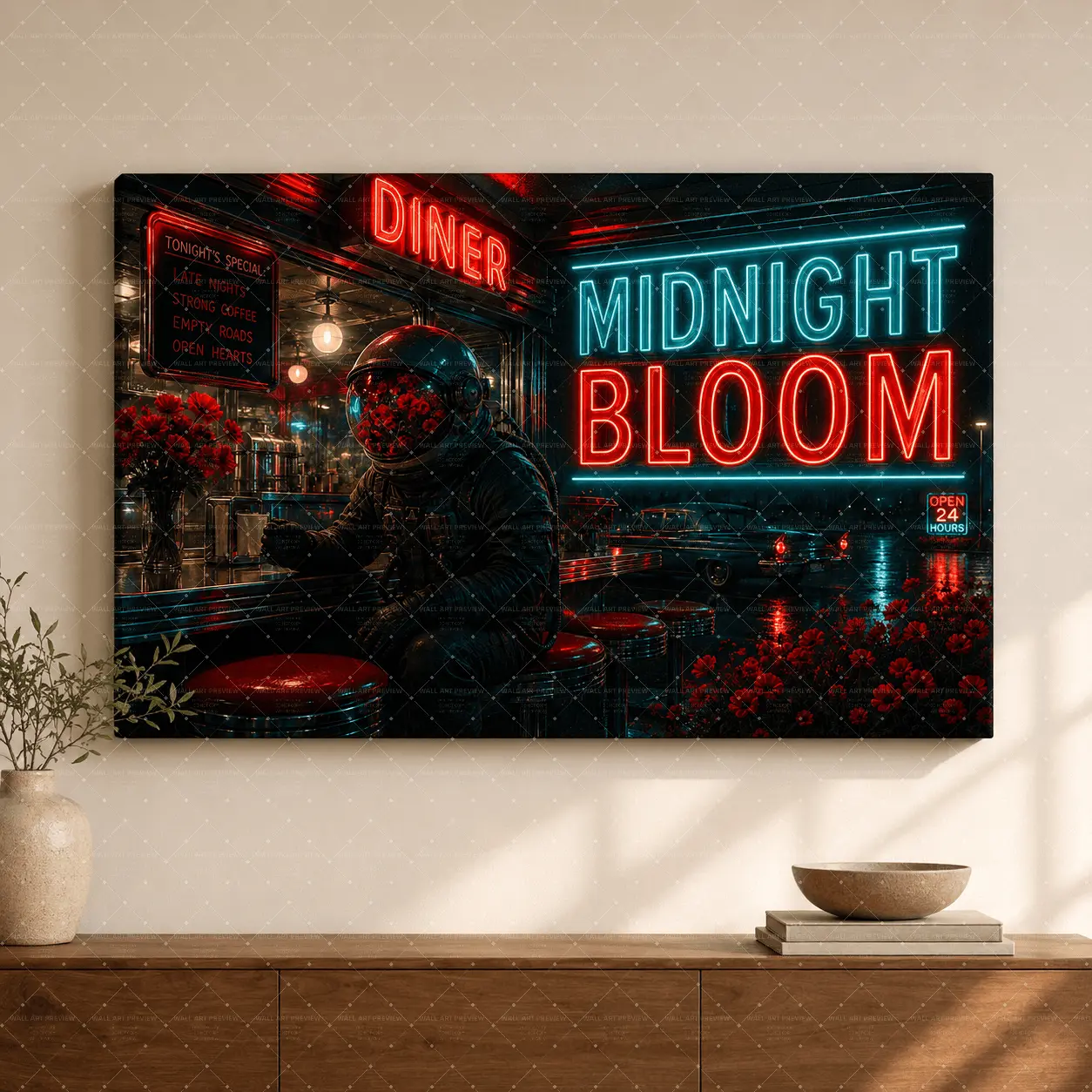 "Midnight Bloom" Neon Astronaut Canvas Wall Art, Retro Diner Print, Sci-Fi Cyberpunk & Red Rose Aesthetic, Living Room Bedroom Office Decor, Statement Poster Gift,wall decor,poster.