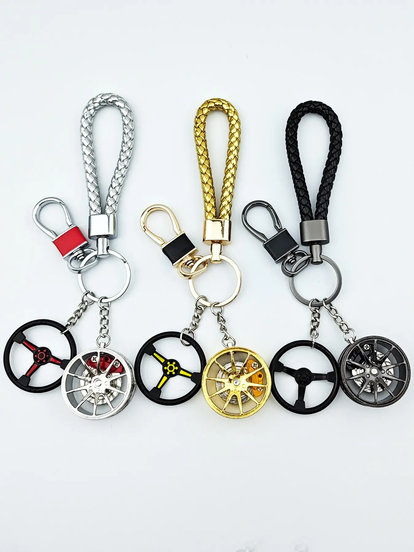 4-In-1 Car Keychain Set, Creative 37mm Replica Wheel HUB & Steering Wheel Keychains, High-Quality Braided Leather Rope, Anti-Loss Design