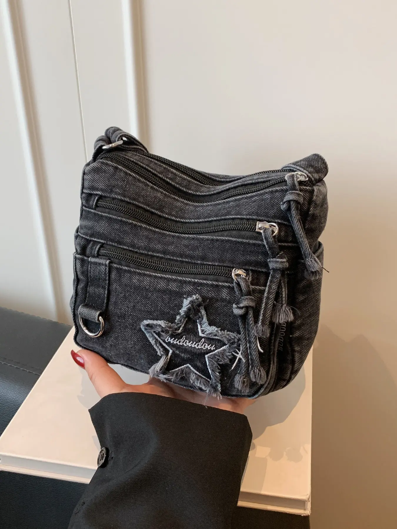 Casual everyday star-patterned mini crossbody bag, simple and stylish multi-pocket vintage denim shoulder bag, Boho Bag