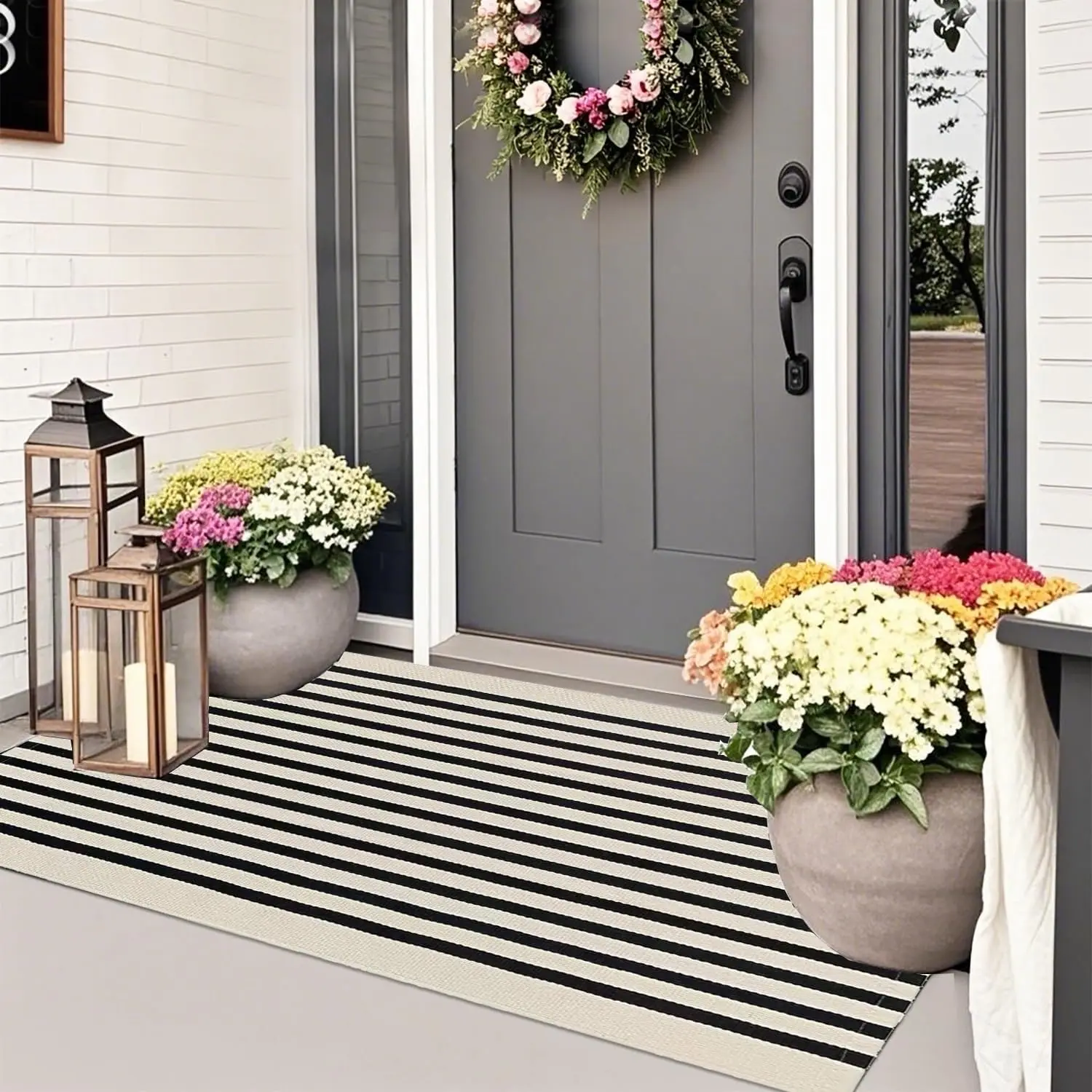 Black and Beige Striped Outdoor Rug 27.5'' x 43'' Front Door Rug,Washable  Woven Indoor/Outdoor Small Area Rugs,Layering Rug Door Mats for Front Porch/Entryway/Front Door Decor