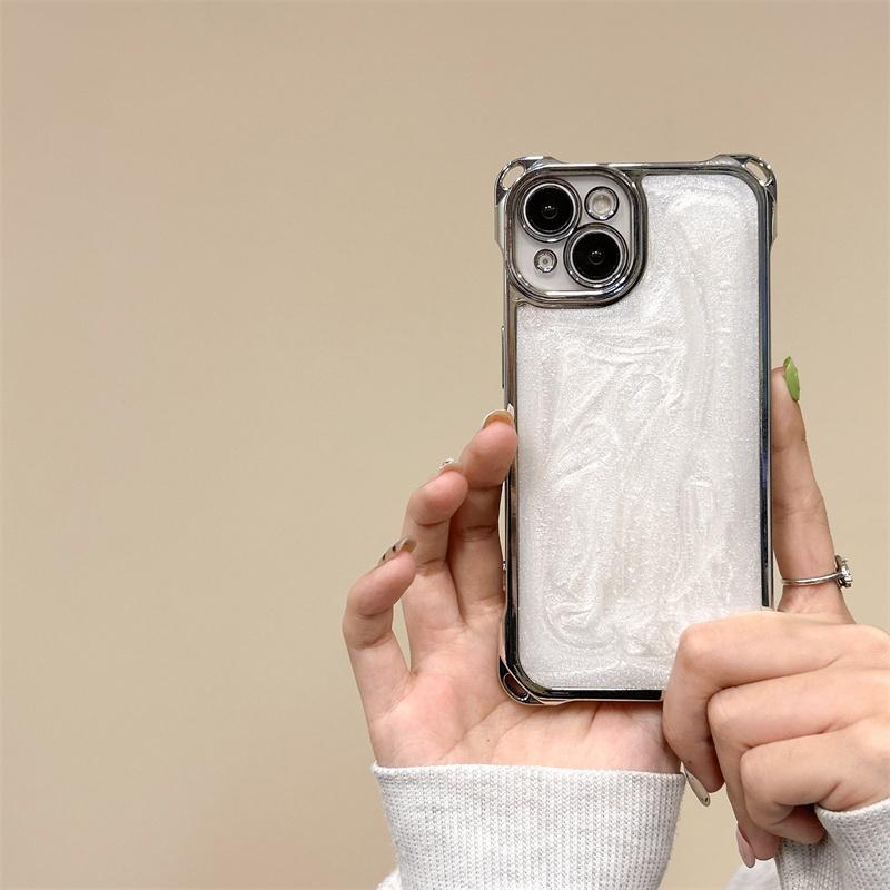 Silver Plated Four-Corner Shockproof Phone Case for iPhone 17 Pro Max 16 15 Pro Max 14 Plus 13 12, Minimalist Pearlescent White & Cement Gray Silicone Cover, Trendy Luxury for Women