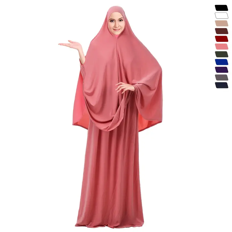 Jersey Prayer Set Stretchy EID Ramadan Islam Muslim Women Satin Rope Instant Hijab Khimar Skirt 2 Piece Jilbab