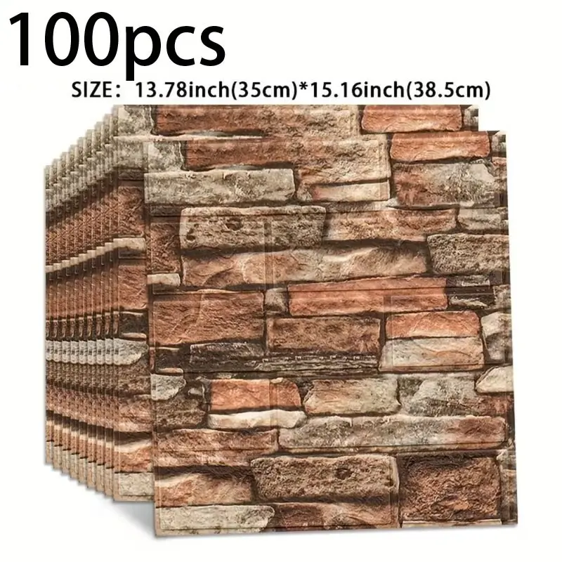 100pcs 3D Brick Pattern Wall Stickers, Self-Adhesive Foam Wallpaper, Peel and Stick Wallpaper, Waterproof, Easy Clean and Cut, Ideal for Living Room, Kitchen, Bedroom, Office Decor