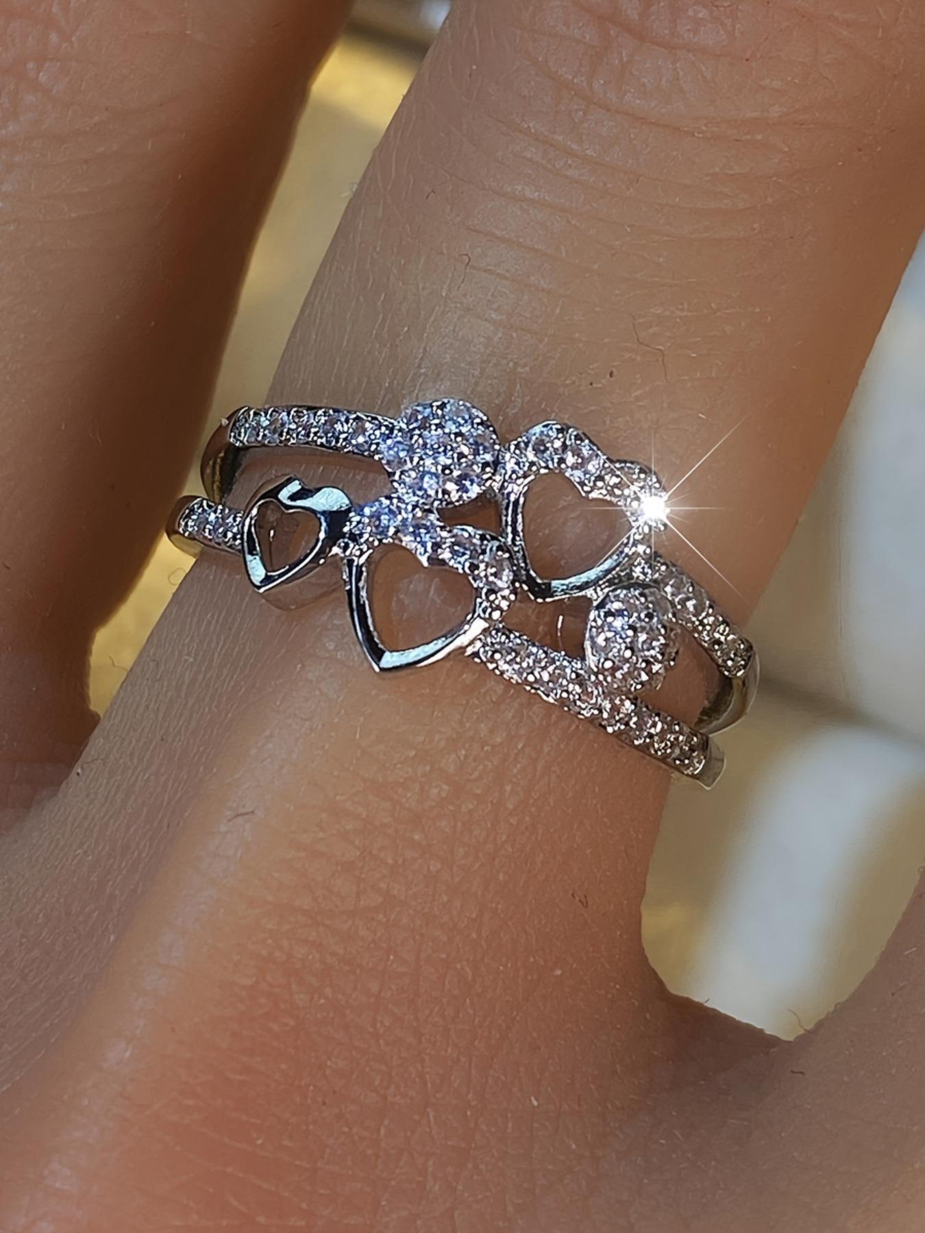 Women's Elegant Rhinestone Decorated Heart Design Ring, Trendy Jewellery Accessories, Exquisite Trendy Ring, Fashionable Jewelry for Women As Engagement & Wedding Anniversary Gift, Heart Shaped Ring