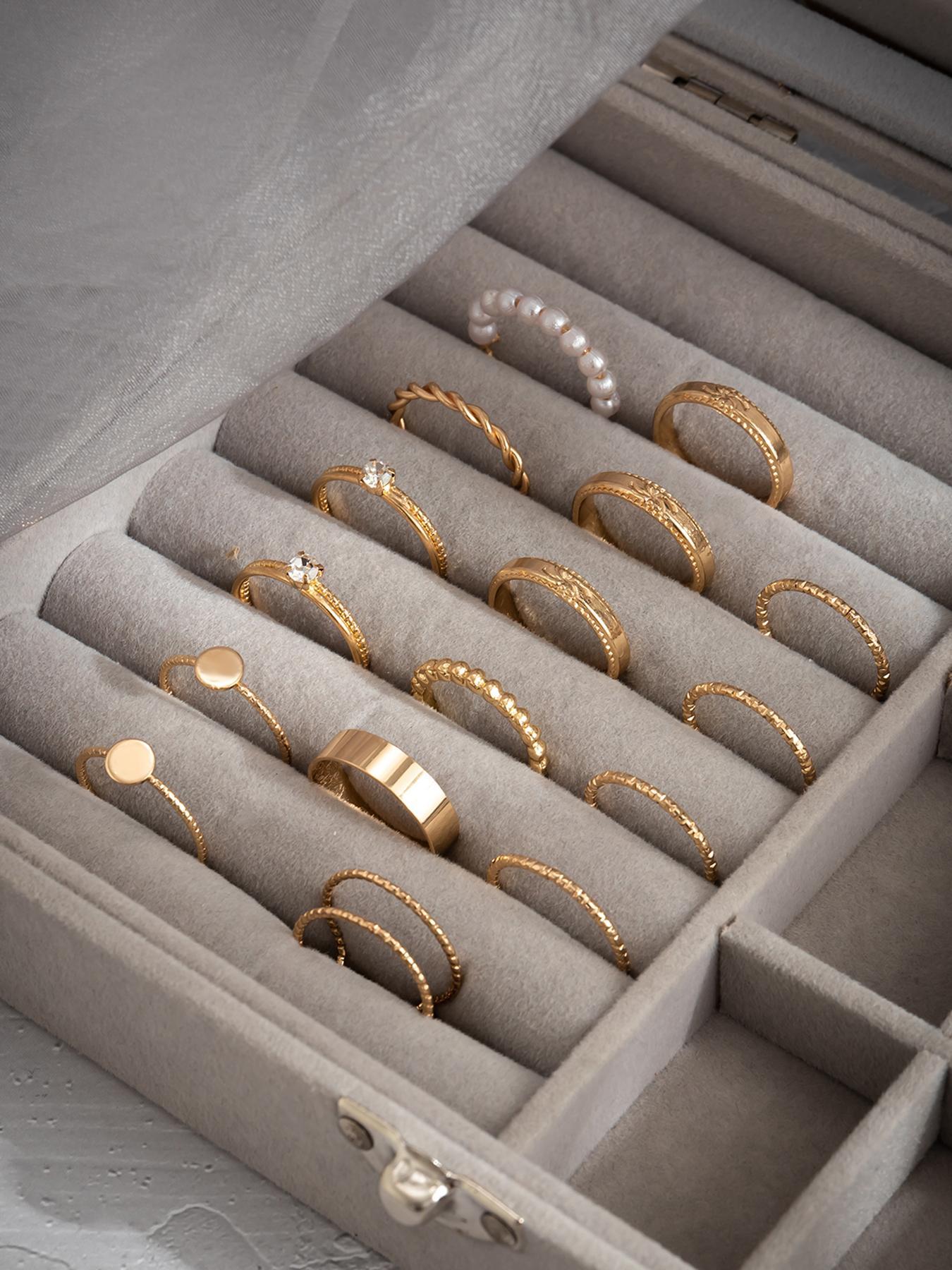 Women's 16pcs Faux Pearls Decor Rings, Rhinestone Embellish Ring Set