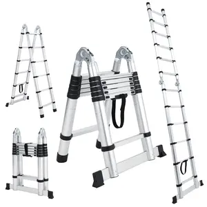 Heavy Duty Telescoping Aluminum Ladder - Single-Sided, Collapsible A-Frame, Non-Slip Feet & Stabilizer, 330lbs Capacity, Multi-Purpose, Easy Storage for Home, Attic, Roof, Garden