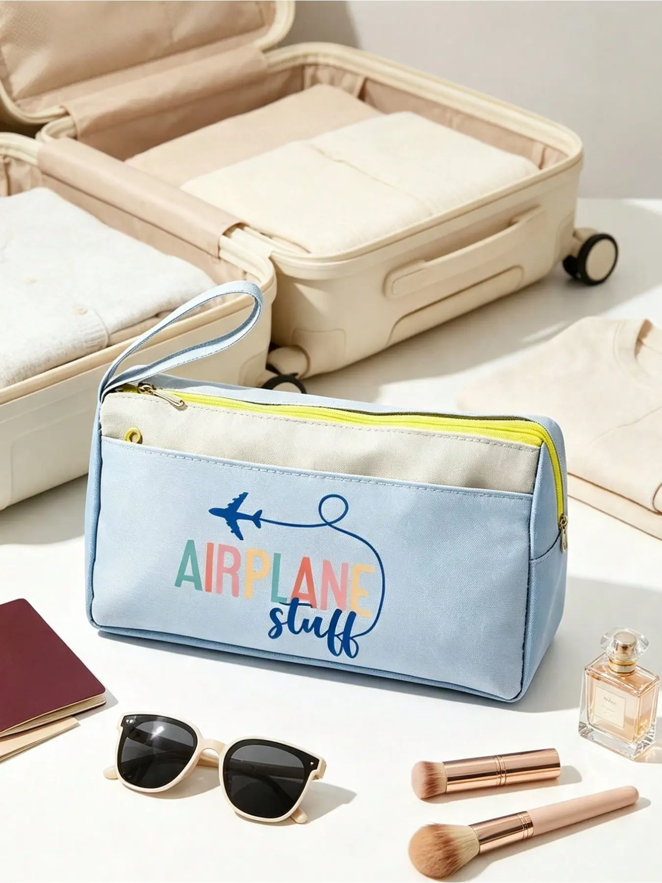 Portable Airplane Silhouette Print Storage Pouch, Multi-Purpose Travel Cosmetic Bag & Large Zipper Pencil Case, Travel Essentials for Airport Campus Hotel, Ideal Gift for Aviation Fans Students Teachers for Back to School Birthday & Summer Travel