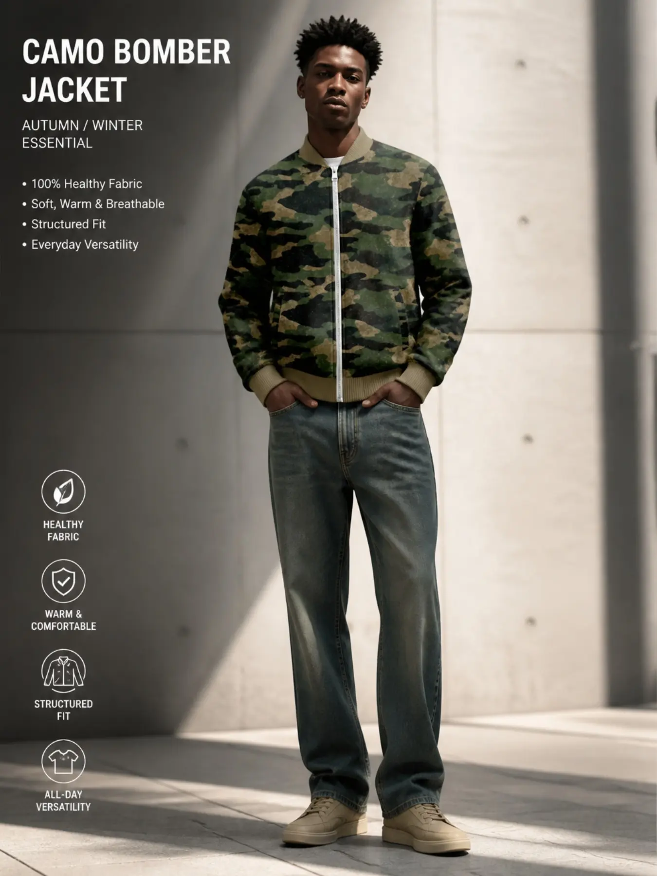 Men's Classic Camouflage Full Zip Bomber Jacket, Vintage Military Camo Baseball Collar Windproof Jacket, Trim Tactical Streetwear Fall Winter Outerwear
