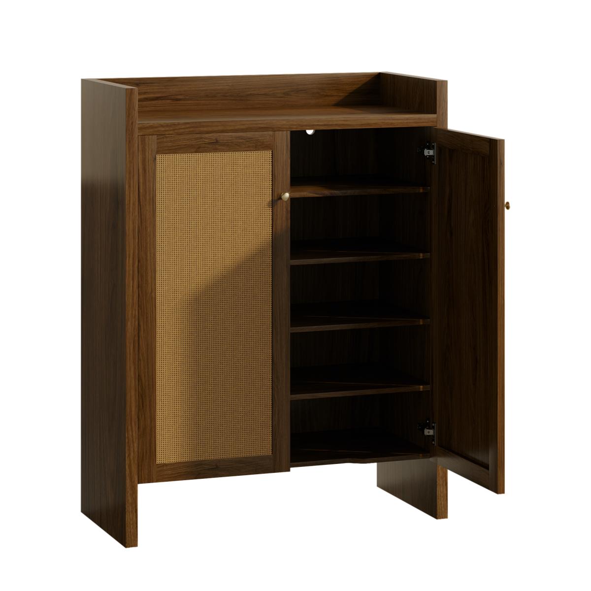 42.5" Tall Rattan Shoe Cabinet with Doors, 6-Tier Shoe Storage Cabinet with Adjustable Shelves, Wooden Freestanding Shoe Organizer Shoe Cabinet for Entryway,Hallway,Living Room (Walnut)