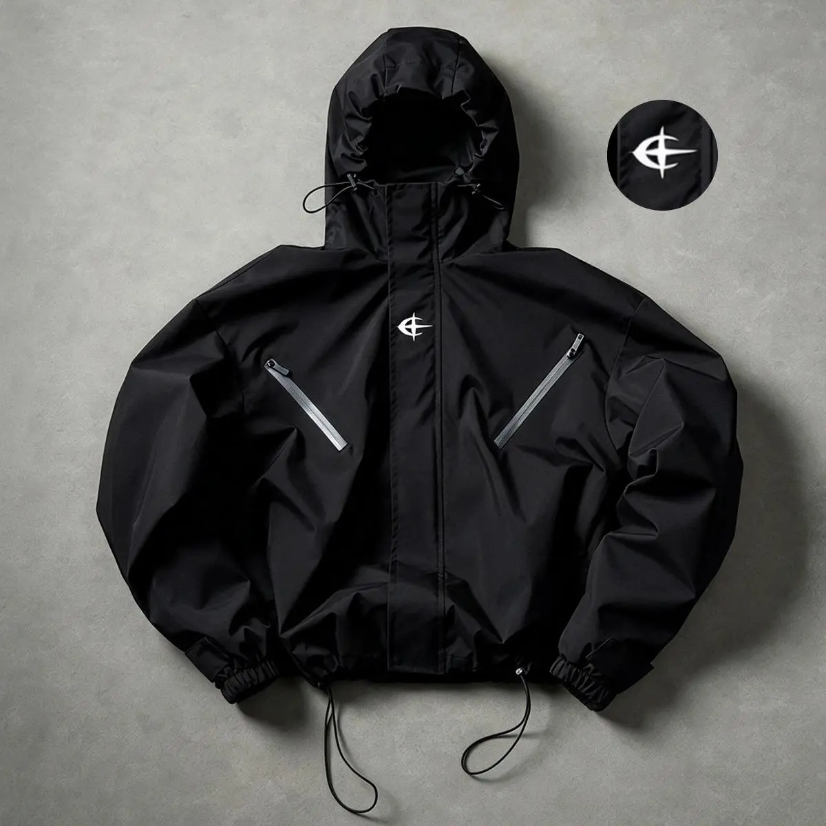 Men’s lightweight outdoor sports hooded jacket for light rain—suitable for hiking, camping, cycling, and casual walks; functional zipper detailing, starburst print logo, adjustable hem, elasticated hood brim design.