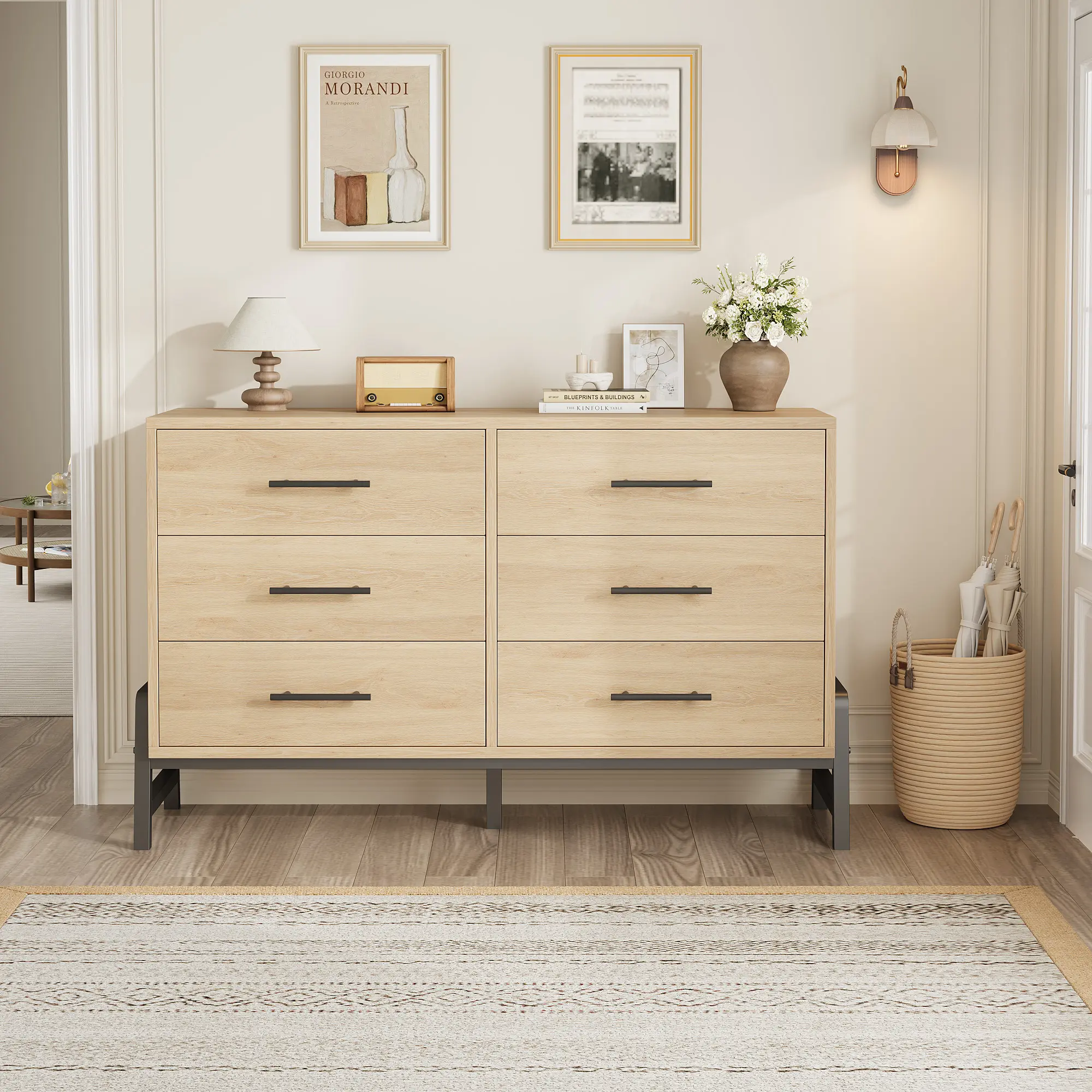 6-Drawer Wooden Dresser - Durable, Stable Wood Storage Cabinet with Drawers, Freestanding Double-Row Organizer, Assembly Required Credenza Media TV Stand for Bedroom, Living Room, Modern