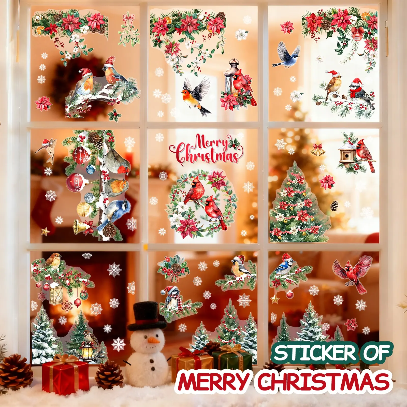 Christmas Window Stickers Set, 9 Pieces, 11.81x7.87 Inch, Pre-Cut Patterns, Removable Without Residue, Party Decorations