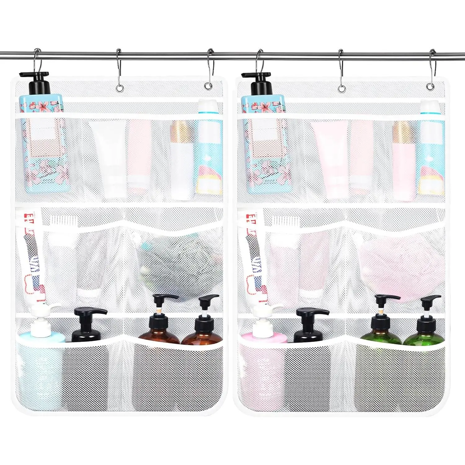 2 Pack Mesh Shower  , 7 Pockets  Shower Organizer with Metal Loop, Portable Bathroom Bag for Shampoo,  Wash, Soap, and Cruise Ship Essentials