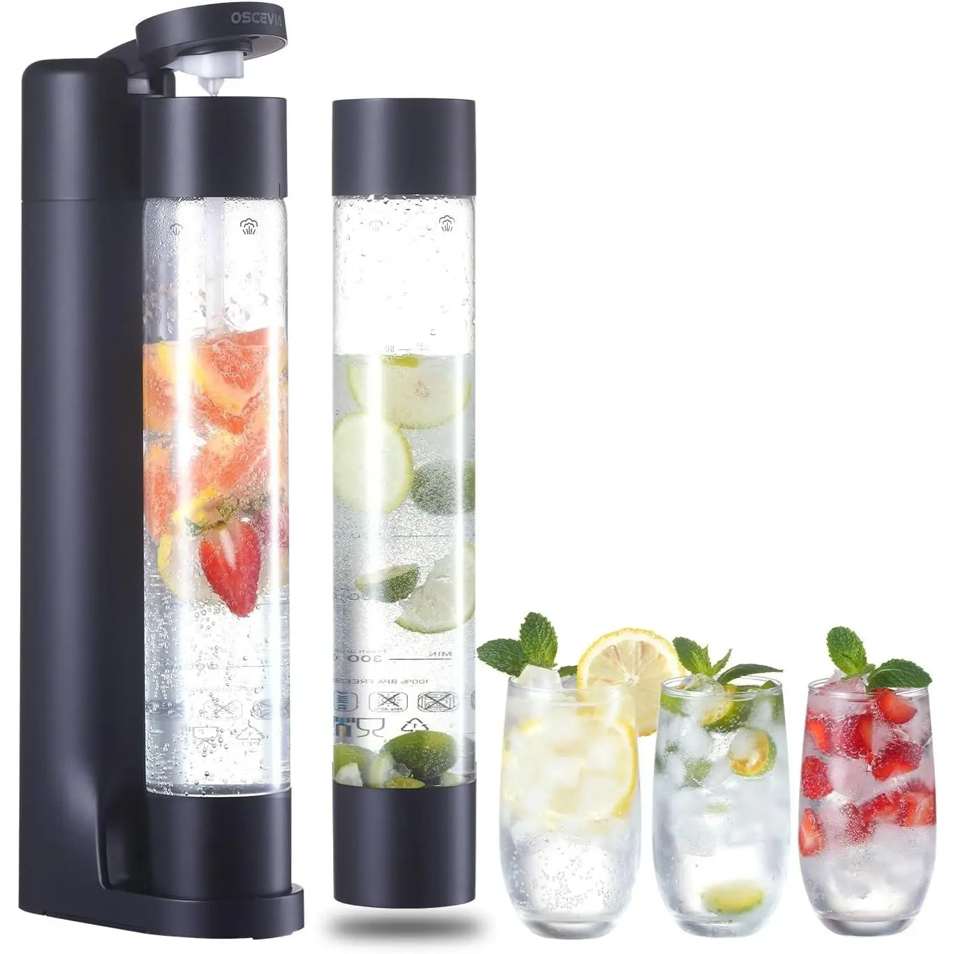 Sparkling Water Machine Soda Maker Beverage Drink Dispenser for Home, Soda Streaming Maker with 2 BPA Free Bottles(1L), Seltzer Fizzy Water Maker Compatible with Screw-in 60L CO2 (NOT Included), Black
