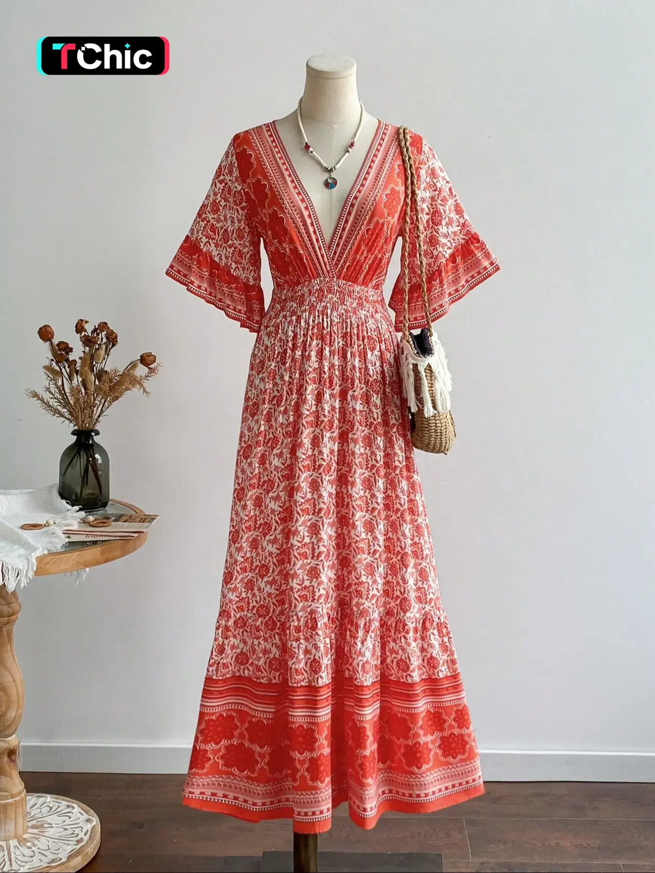 Women's V Neck Dress, Boho Printed Dress, Bohemian Fashion Casual Print Dress for Daily Holiday Vacation Wear, Ladies Dress for Summer