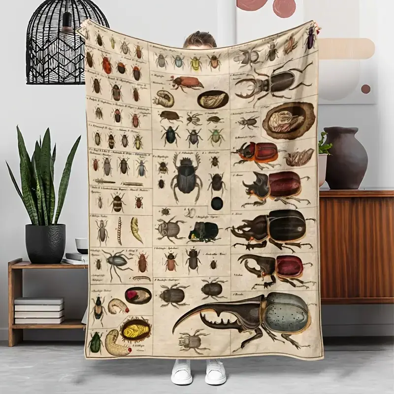 Retro Scientific Insect Chart Educational Blanket - Soft Flannel, All Seasons Suitable, Includes Beetles/Flies, Ideal for Home/Camping, Christmas-Thanksgiving-Birthday Gift for Entomology Enthusiasts & Friends