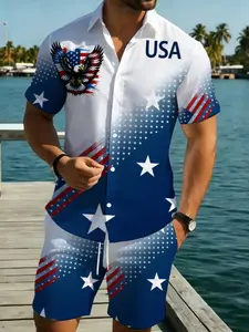Men's American Flag Pattern Short Sleeve Shirt Set, Summer Beach Casual Fashion, Geometric Design, Fitted, All Seasons