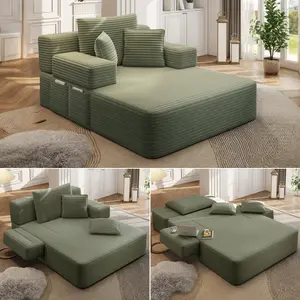 Aobtkel  Luxurious Plush Corduroy Chaise Lounge Couch with 3 Pillows, Convertible Sofa Bed, Frameless Design, Compression Foam, Storage Pocket for Small Spaces, Living Room sleeper folding modern modular budget friendly boneless oversized sectional Cloud