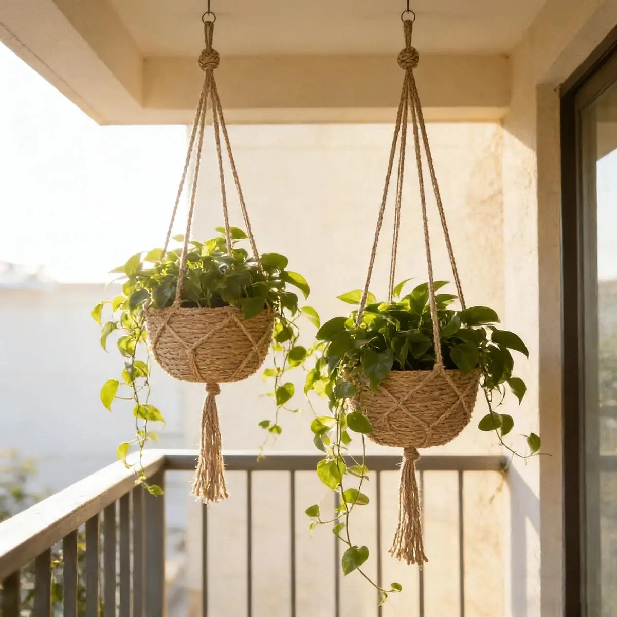 1PCS Natural Jute Plant Hanger, Decorative Hanging Basket for Plants, Balcony Ceiling Planter for Both Indoors/Outdoors, Home Garden Decor Storage Solution