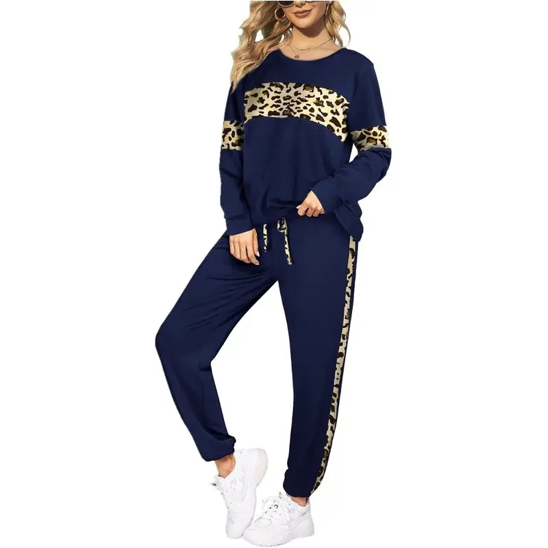 Women's Leopard Print 2 Piece Sweatsuit Set, Crew Neck Long Sleeve Top & Jogger Pants with Pockets, Casual Fall Lounge & Travel Outfit