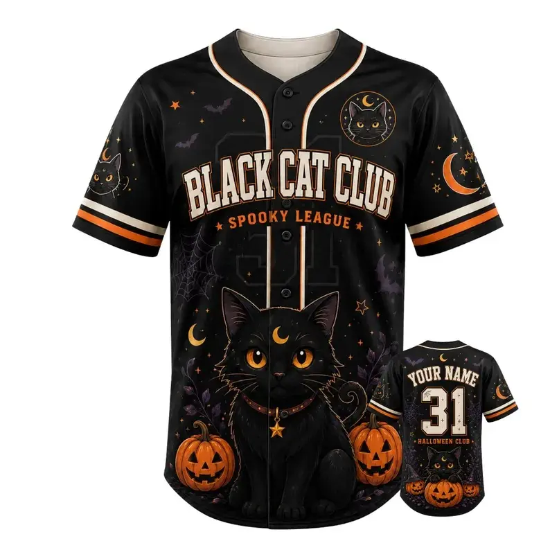 Black Cat Club Halloween Short Sleeve Baseball Jersey, Spooky League Retro Gothic Casual Streetwear Top # TikTokMadeMeBuyIt # HalloweenBaseballJersey # BlackCatGraphic # SpookySeasonStyle # EdgyDailyFit # AlternativeStreetTop # Halloween Party Gift