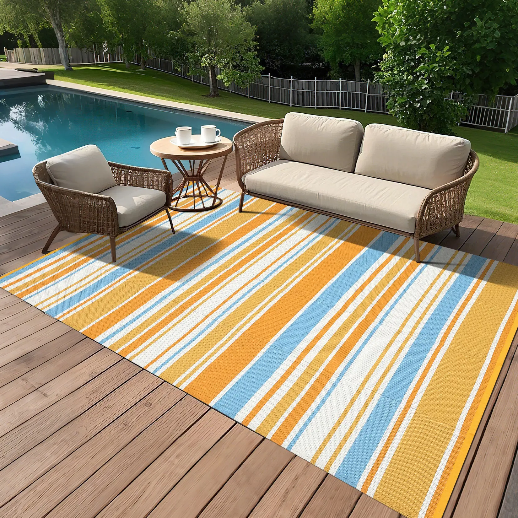 Modern Outdoor Rug Reversible Plastic Straw Rugs Geometric Lines Rug UV-Resistant Portable Camping Carpet Outside Carpet for Patio RV Deck Trailer Pool