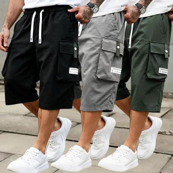 3 Pack Men’s Cargo Shorts, 7/8 Length, Summer Drawstring Waist, Large Pockets, Letter Patch Details, Fashionable Casual Athletic Shorts,father'sdaygifts