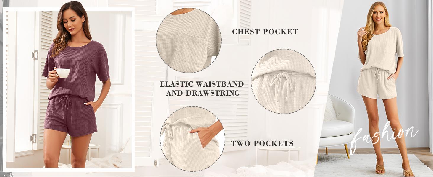 Women's Waffle Knit Loungewear Set 2-Piece Casual Sportswear with Pockets