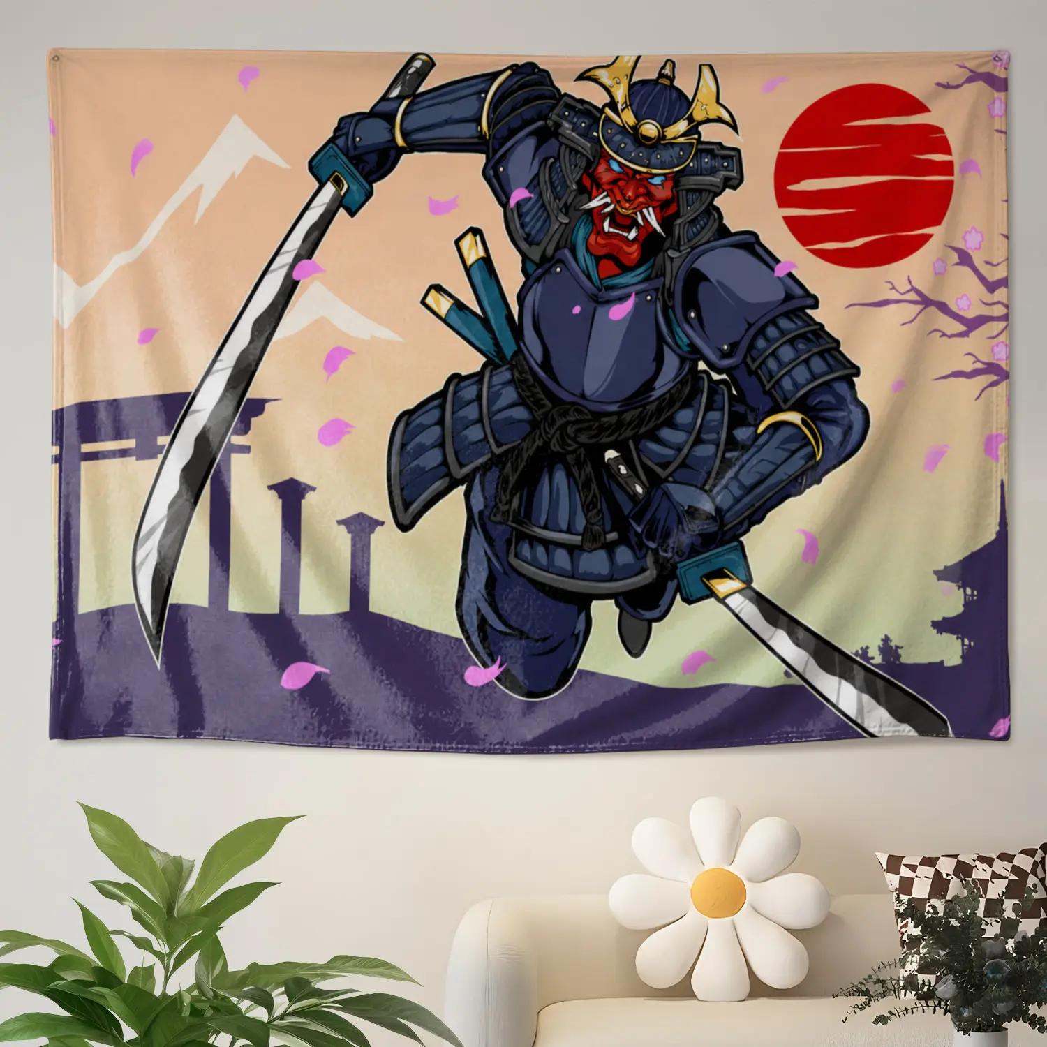 Japanese Samurai Warrior Cherry Blossom Mountain Wall tapestry, Large size Printed Horizontal Tapestry blanket, Polyester Fabric Wall Hanging for living room, bedroom, No Installation Required, Indoor, Outdoor, Gift for Family and Friends