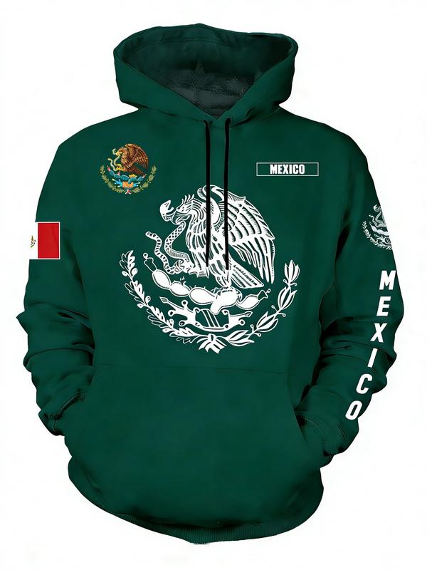 Mexican Cultural Pride Print Hoodie, National Pride Printing, Casual Fitted Design, Long Sleeve, Drawstring Pockets, Fall & Winter
